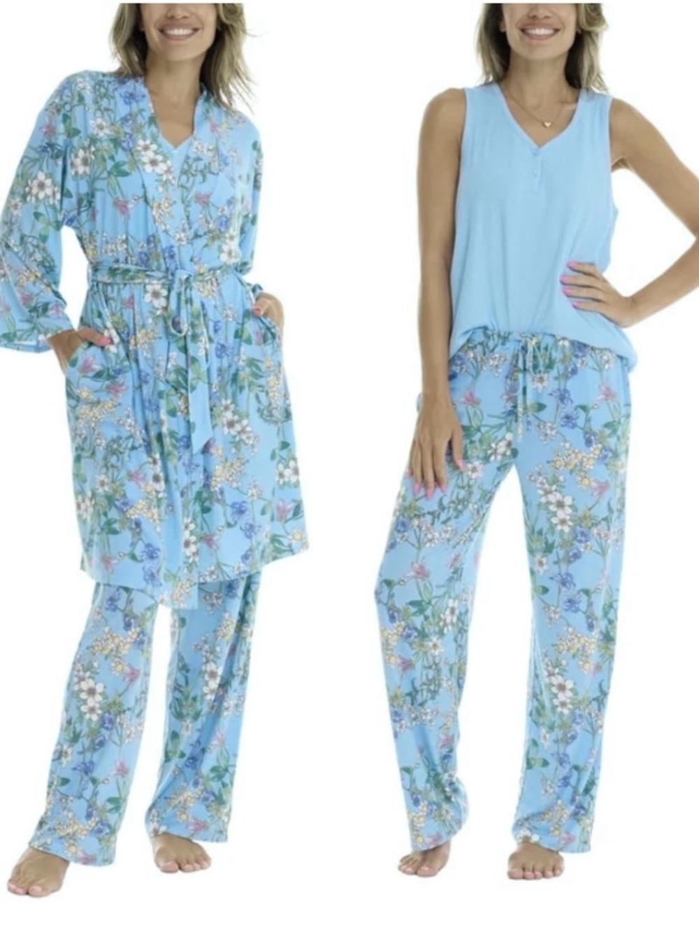 NEW! Flora Nikrooz Light Blue Floral Pajama Set with Robe - Med
